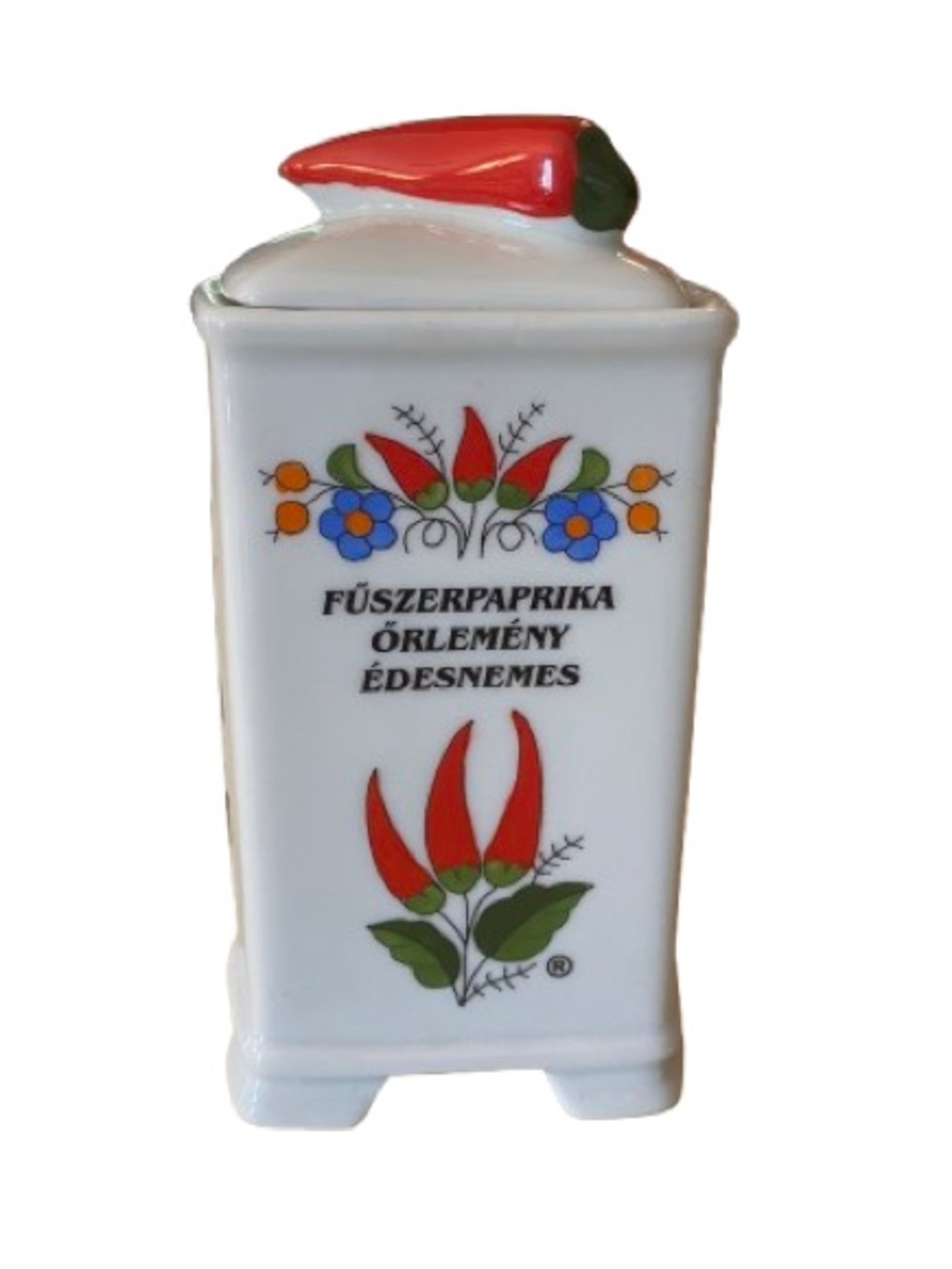 Vintage Kalocsa White Ceramic Hungarian Paprika Spice Jar with Red Pepper Lid 5”